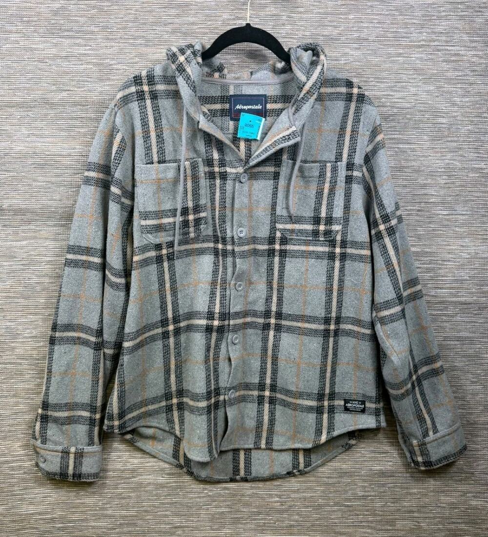 Aeropostale Mens Super Soft Hooded Flannel Button Up Shirt Sz M Plaid Gray Black
